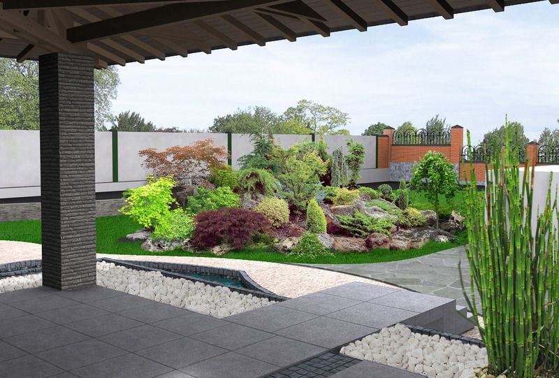 Outdoor zen garden with water feature, lush plants, and a covered porch.