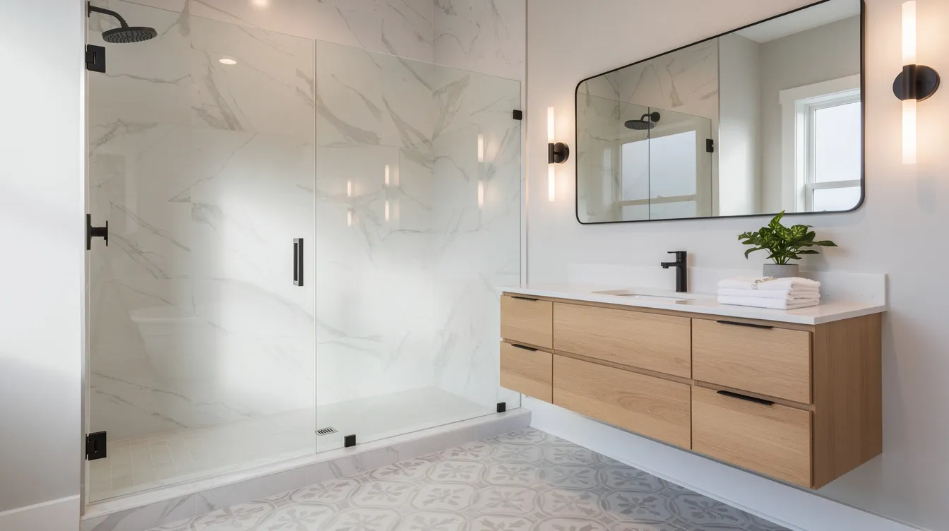 The image showcases a modern en suite bathroom featuring elegant marble-look porcelain shower walls, a stylish patterned floor tile, and a warm wood double vanity. The design creates a spa-like feel with clean lines and an airy atmosphere, making it a beautiful space for relaxation.