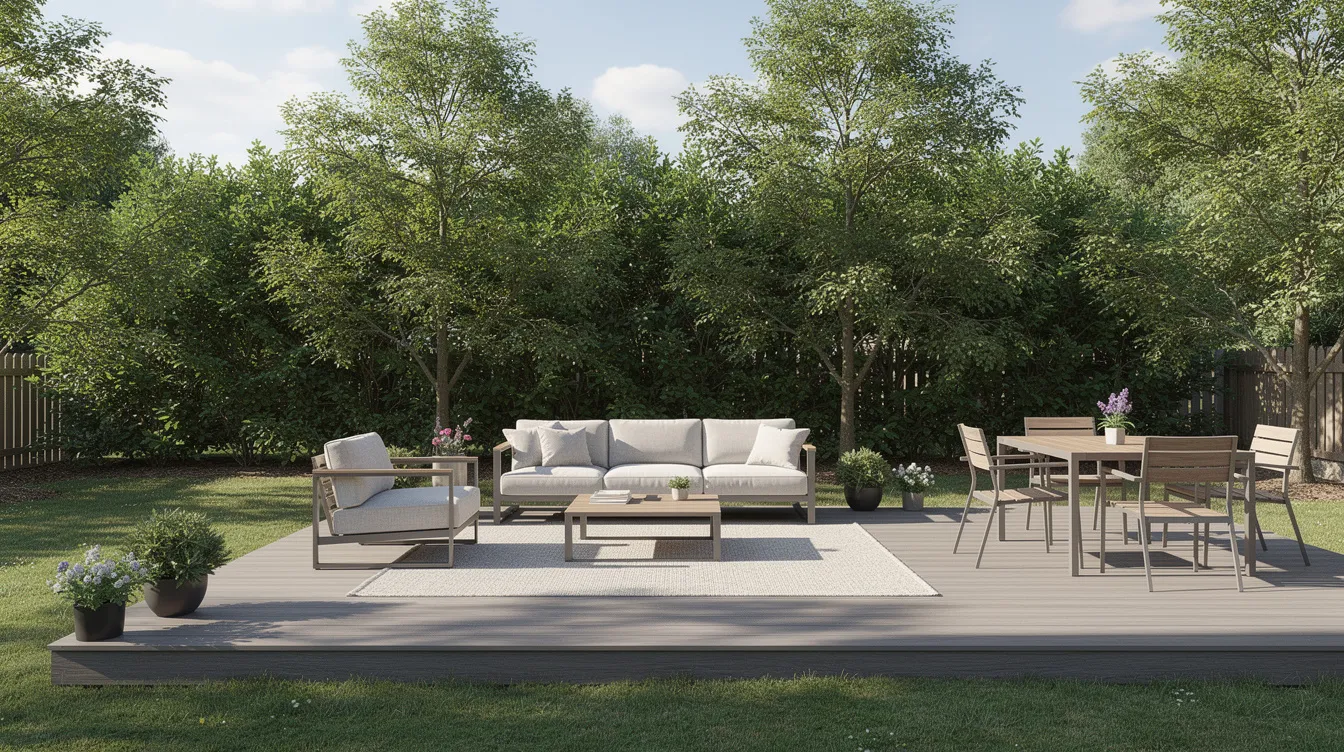 Modern backyard patio with white outdoor sofa, coffee table, dining set, and lush green trees.