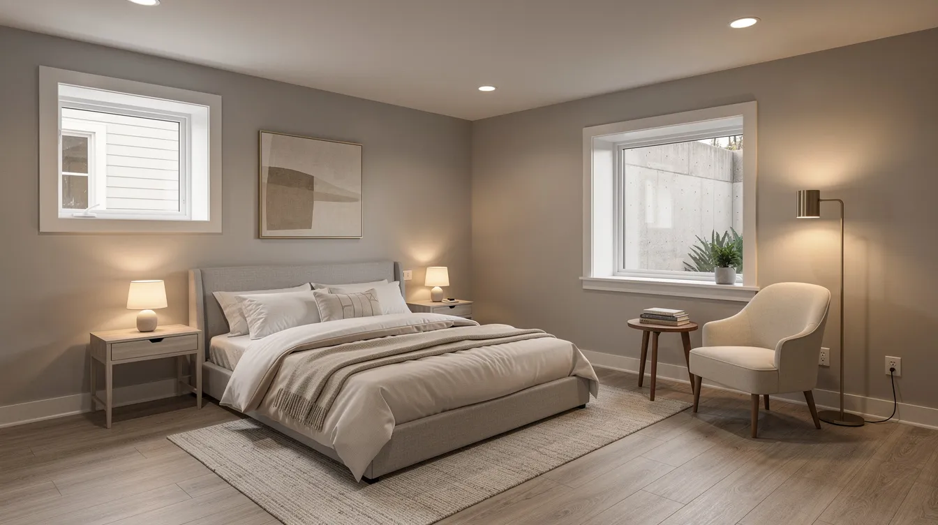 The image shows a modern finished basement guest bedroom featuring an egress window that allows natural light to fill the space. The room includes neutral bedding and a cozy reading area, making it a perfect living space for homeowners looking to enhance their home with a basement remodel.