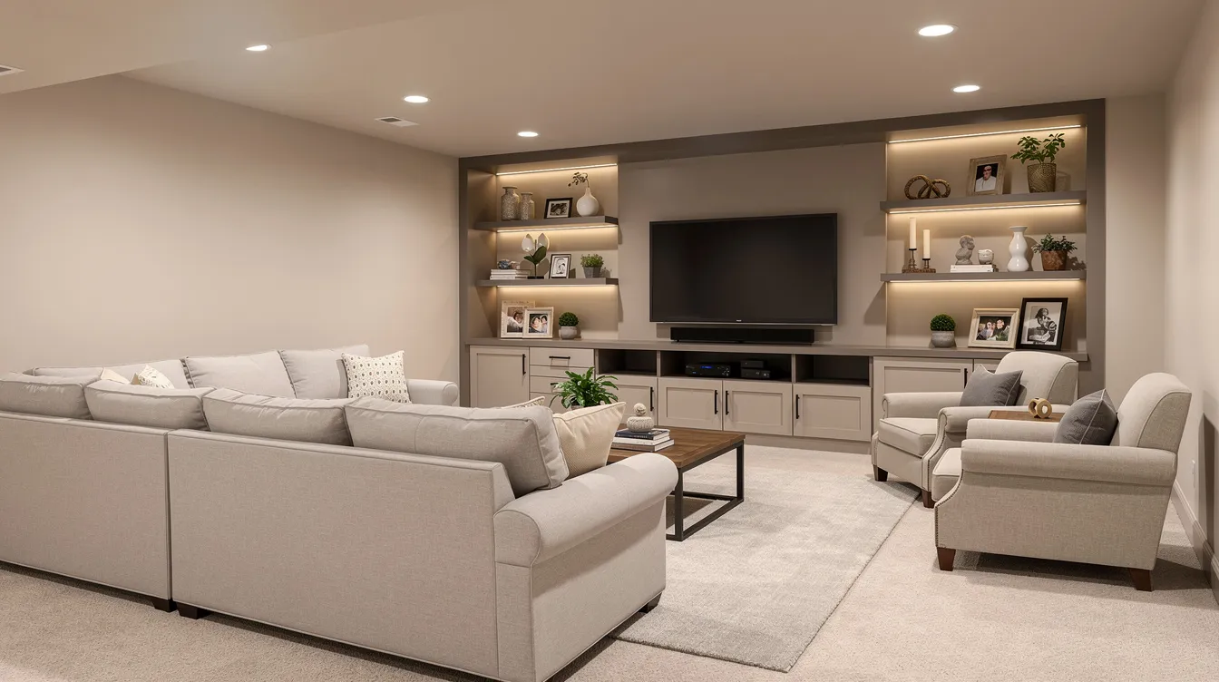 The image depicts a finished basement family room featuring recessed lighting, cozy seating arrangements, and a built-in entertainment wall, showcasing the exceptional quality typical of home remodeling projects by premier renovation companies in New Jersey. This inviting space reflects a modern design ideal for relaxation and family gatherings.