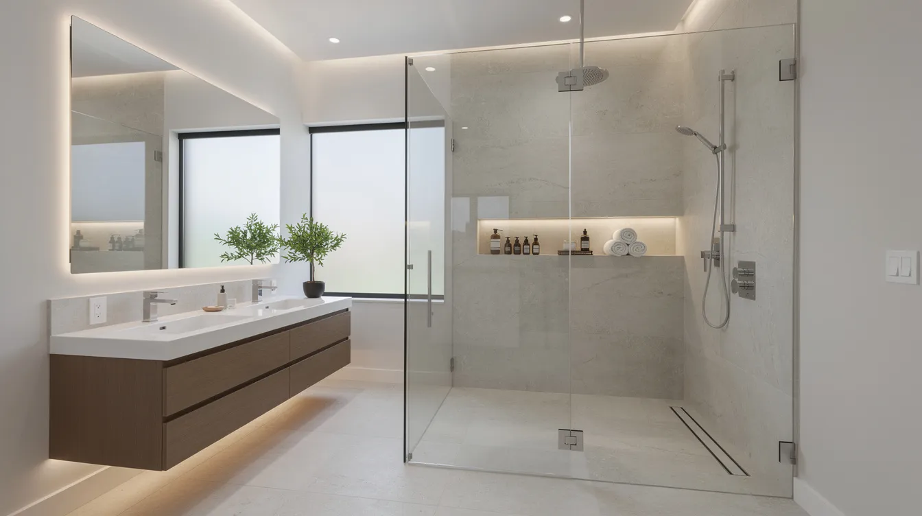 Modern bathroom with double vanity, large mirror, and glass-enclosed shower under bright natural light