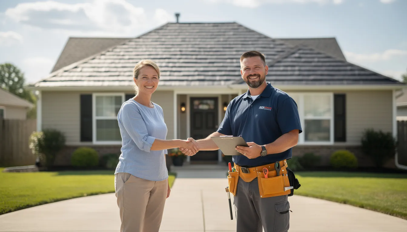 A homeowner is shaking hands with a roofing contractor in front of a house featuring a newly completed roof, showcasing quality workmanship and the successful completion of a roofing project. This image highlights the collaboration between the homeowner and the roofing company, emphasizing customer satisfaction and the importance of reliable roofing services in northern New Jersey.