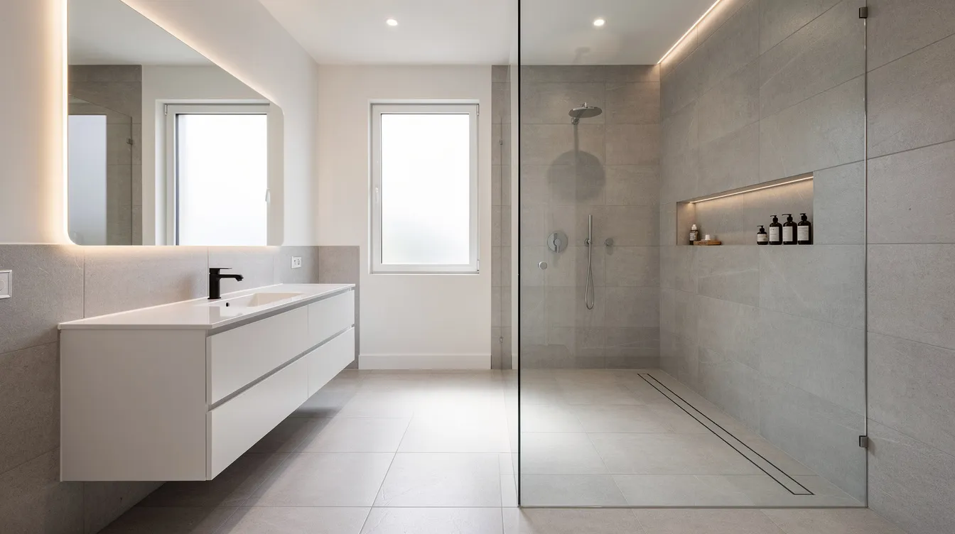 The image showcases a bright, renovated bathroom featuring a curbless shower and large format tile, highlighting the beauty and functionality of modern bathroom renovations. The spacious layout and superior craftsmanship create a welcoming atmosphere for homeowners in Middlesex County.