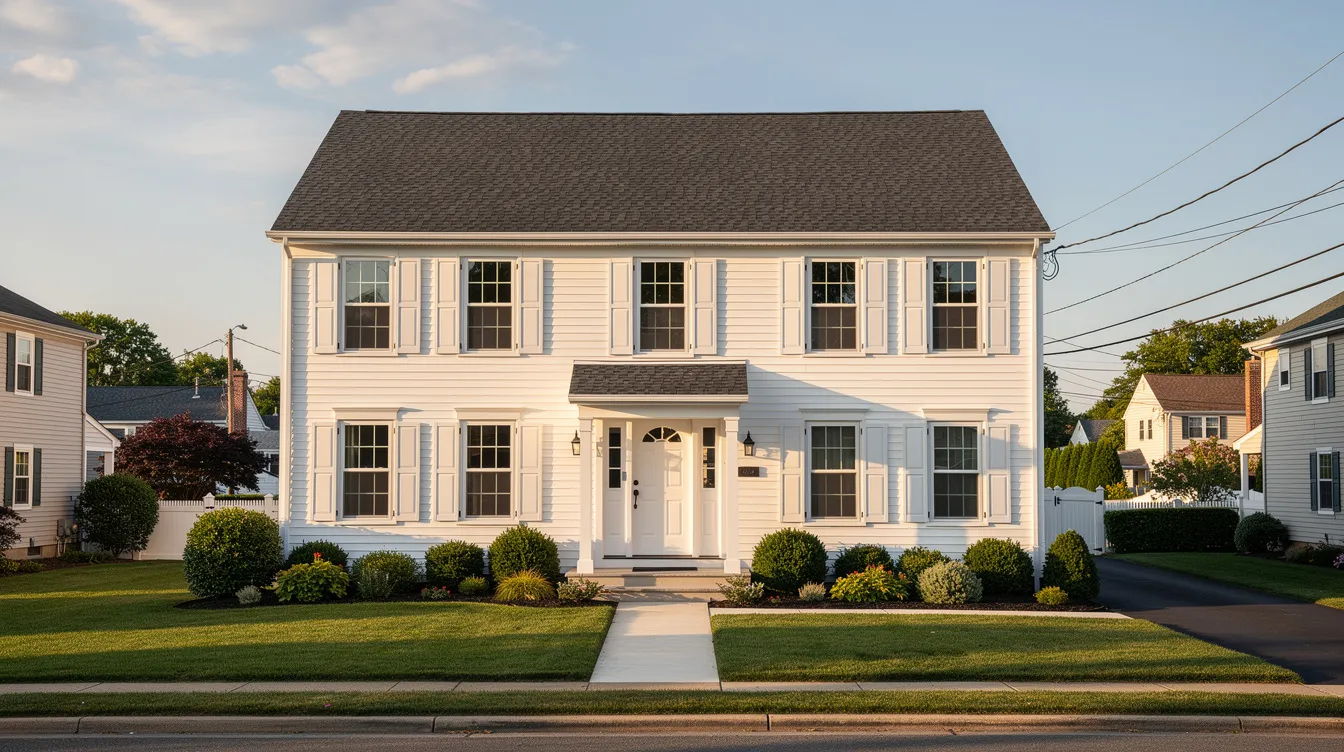 The image depicts a charming suburban colonial home in New Jersey, featuring freshly installed charcoal roof shingles and elegant white trim siding. This modern renovation showcases exceptional quality and craftsmanship, ideal for homeowners seeking to enhance their dream home.