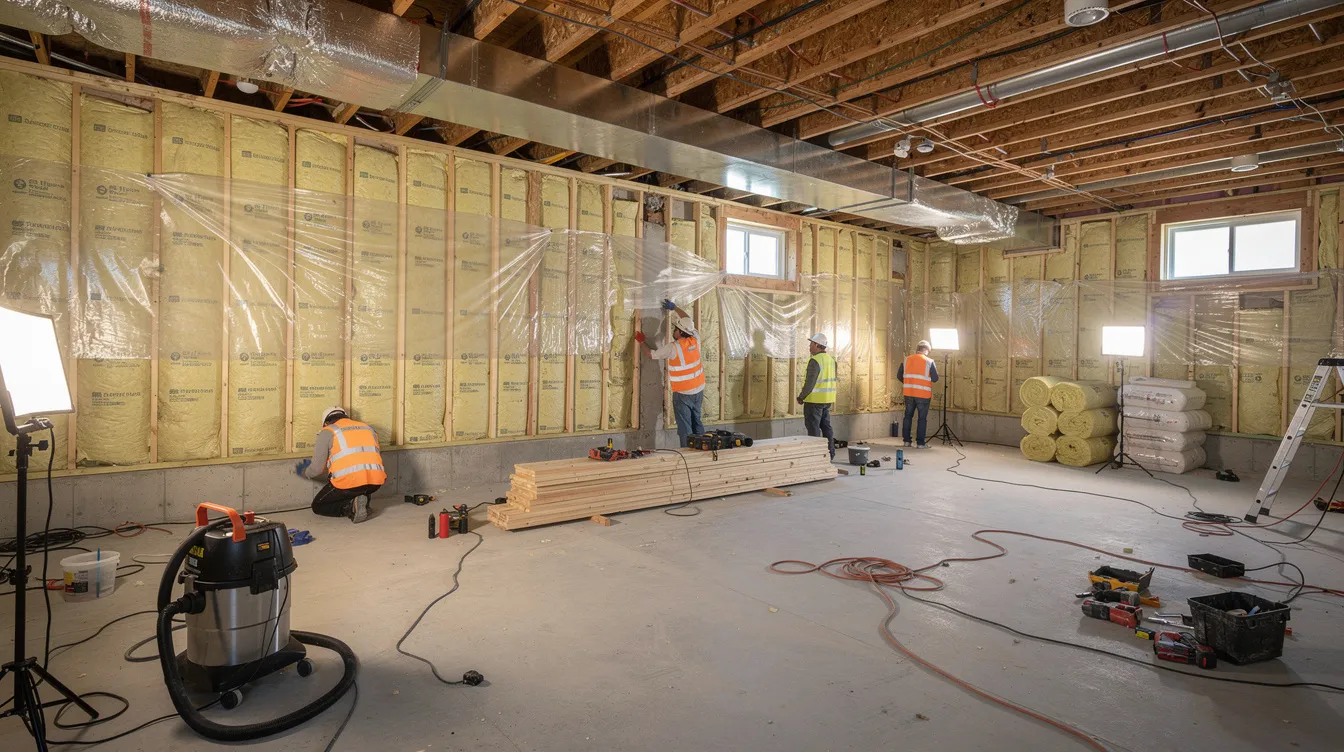 Construction workers are busy installing framing and insulation in a residential basement, with a visible vapor barrier on the walls, preparing the space for a future finished basement remodel. This project aims to transform the area into a dream basement, enhancing the living space for homeowners in Bergen County, NJ.