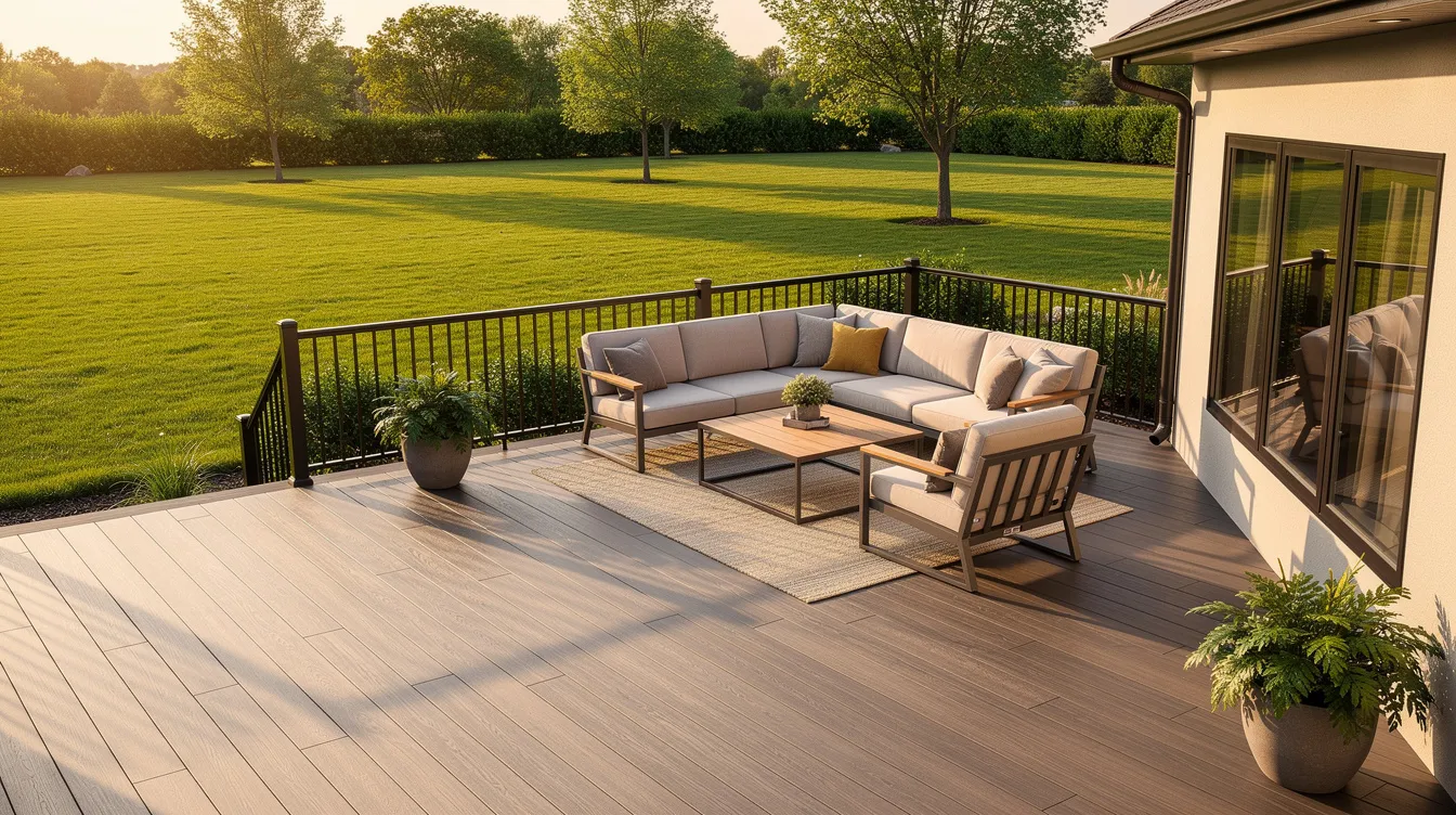 Patio with wicker sofa and table overlooking a sunny green lawn at sunset