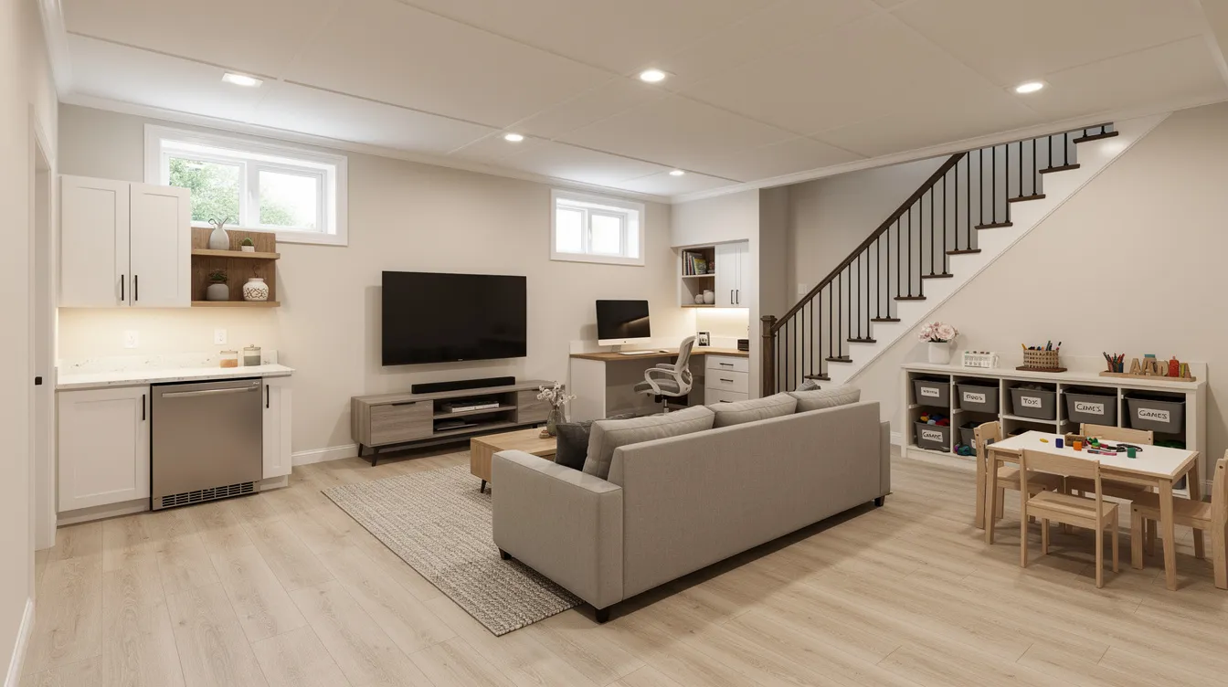 The image depicts a stunningly renovated modern basement in a typical New Jersey family home, featuring quality craftsmanship and functional living areas such as a home gym and a cozy seating space. This transformed basement exemplifies excellence in basement remodeling, providing homeowners with a stylish and versatile environment for family life.