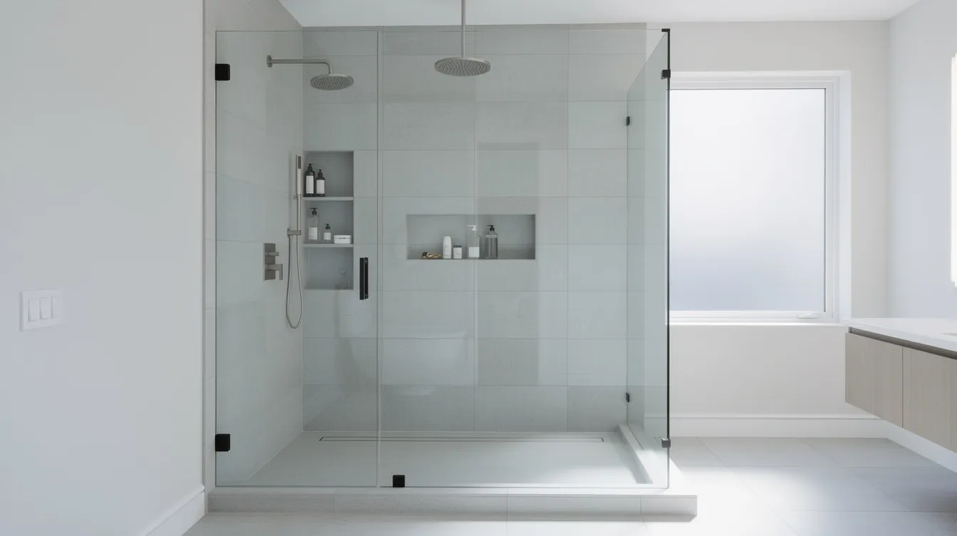 The image depicts a modern walk-in tile shower featuring a sleek glass enclosure and a luxurious rainfall showerhead, all set within a bright and airy bathroom. This space exemplifies exceptional quality and award-winning craftsmanship, making it an ideal choice for New Jersey homeowners looking to enhance their living space through a remodeling project.