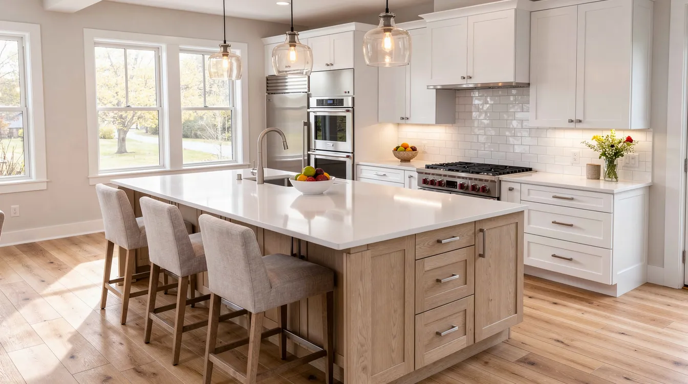 The image depicts a bright and modern kitchen featuring a multi-functional island with pendant lighting, showcasing a thoughtful design that enhances the kitchen space in a New Jersey home. This kitchen remodeling project highlights custom cabinetry and high-quality materials, perfect for homeowners seeking a complete transformation.