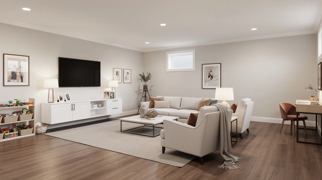 The image depicts a bright and modern finished basement family room featuring recessed lighting, comfortable furniture, and warm-toned flooring, creating an inviting living space perfect for relaxation and entertainment. This dream basement showcases expert design and finishing, ideal for homeowners looking to improve their home's functionality.