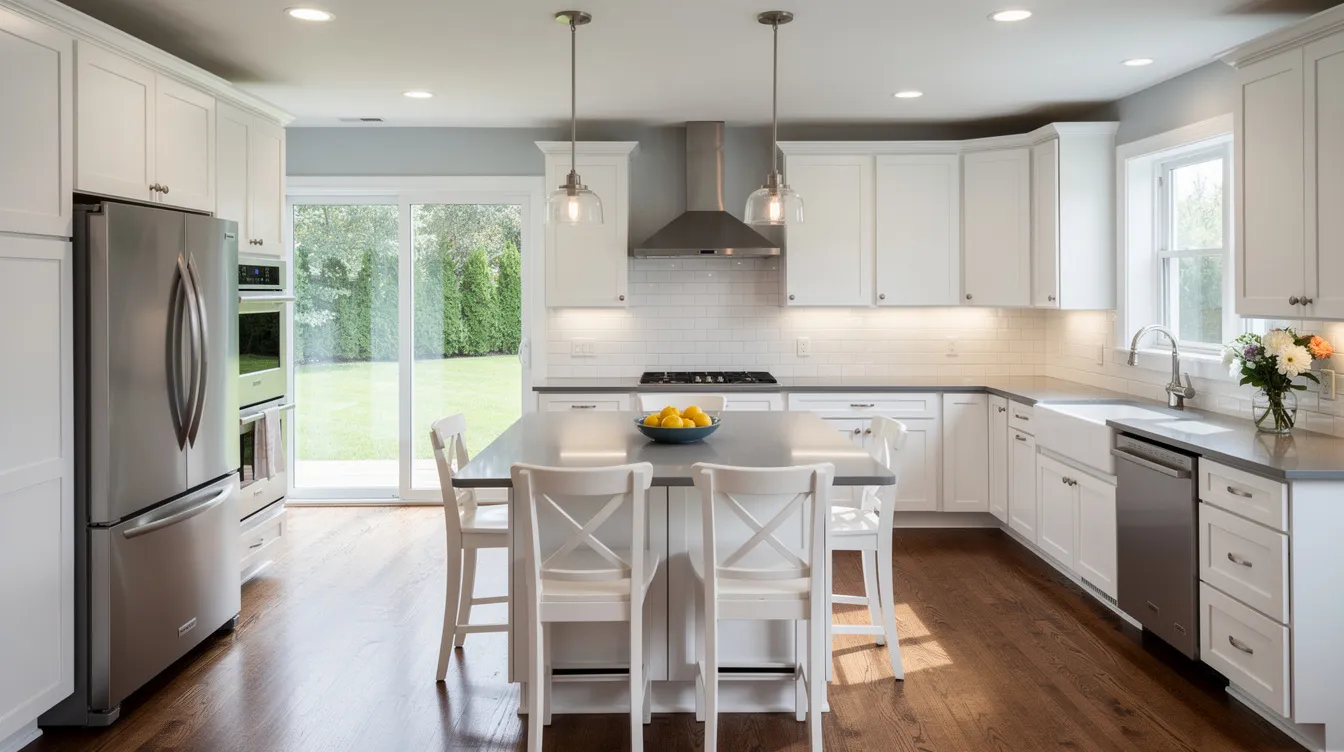 The image depicts a beautifully remodeled kitchen in a typical Monmouth County family home, featuring modern cabinetry, sleek countertops, and an open layout that maximizes space. This kitchen renovation showcases quality materials and stylish fixtures, making it a dream space for local homeowners looking to enhance their property’s long-term value.