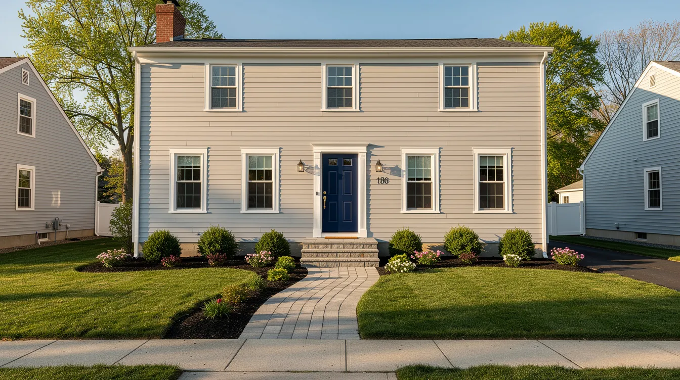 The image features a colonial-style New Jersey home showcasing new siding and a freshly painted front door, complemented by a beautifully landscaped walkway that enhances its curb appeal. This remodeling project reflects exceptional quality and attention to detail, perfect for New Jersey homeowners seeking to improve their living space.