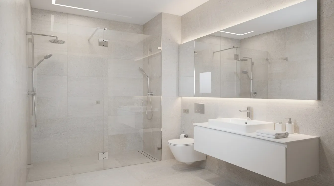 The image depicts a compact en suite bathroom featuring a sleek floating vanity, a large mirror that enhances the space, and a glass shower panel, all complemented by bright neutral tiles. This modern bathroom design creates an airy feel and a fresh look, making it an ideal inspiration for small bathroom renovations.