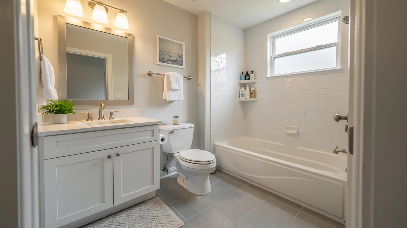 The image showcases a beautifully remodeled bathroom in a typical Middlesex County, NJ family home, featuring new cabinets, elegant tile flooring, and modern lighting that enhances the space. This finished project highlights superior craftsmanship and attention to detail, creating a functional and aesthetically pleasing environment for homeowners.