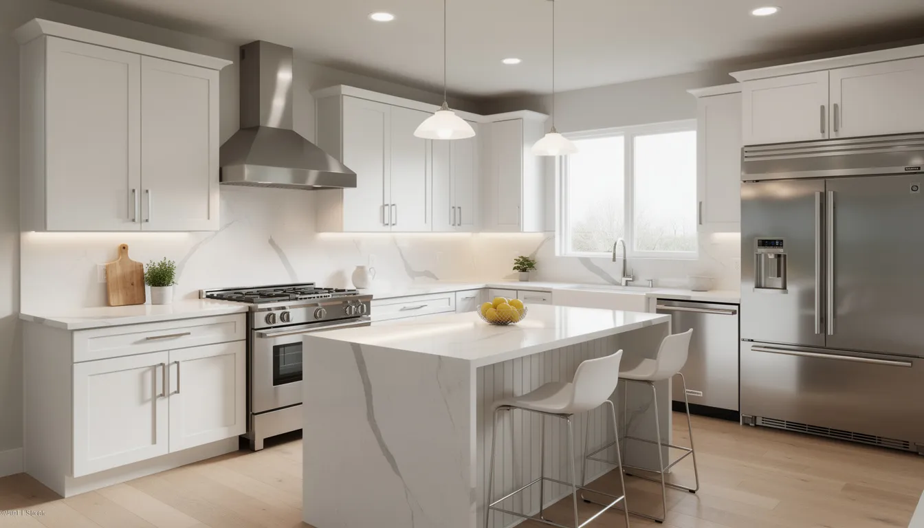 This image showcases a modern kitchen featuring sleek white cabinets, elegant quartz countertops, and high-quality stainless steel appliances, creating a stylish and functional workspace. Ideal for homeowners considering kitchen remodeling in Bergen County, this design emphasizes a contemporary aesthetic with a focus on quality materials and expert craftsmanship.