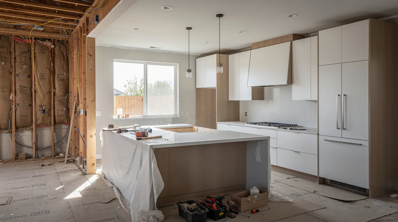 The image depicts a modern kitchen renovation in progress, showcasing exposed framing and newly installed cabinetry. This ongoing kitchen remodel highlights the importance of adhering to local building codes and obtaining necessary permits, such as plumbing and electrical permits, to ensure safety and compliance throughout the renovation process.