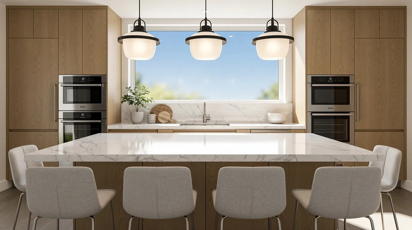 Modern kitchen with a large white island, pendant lights, built-in ovens, and a wide window view
