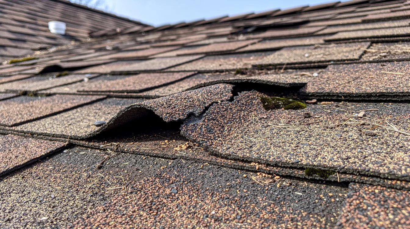 The close-up photograph depicts aging asphalt shingles on a residential roof, highlighting significant granule loss and curling edges, which may indicate the need for roof repair or replacement to prevent further structural damage. This image serves as a reminder for NJ homeowners in Middlesex County to address potential roofing issues before they escalate.
