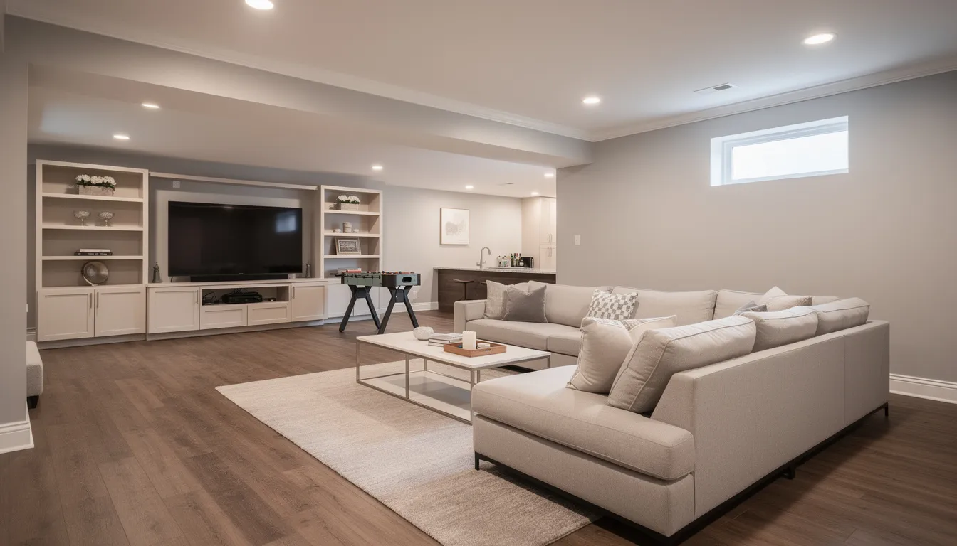 Modern living room with built-in media center, sectional sofa, and foosball table.