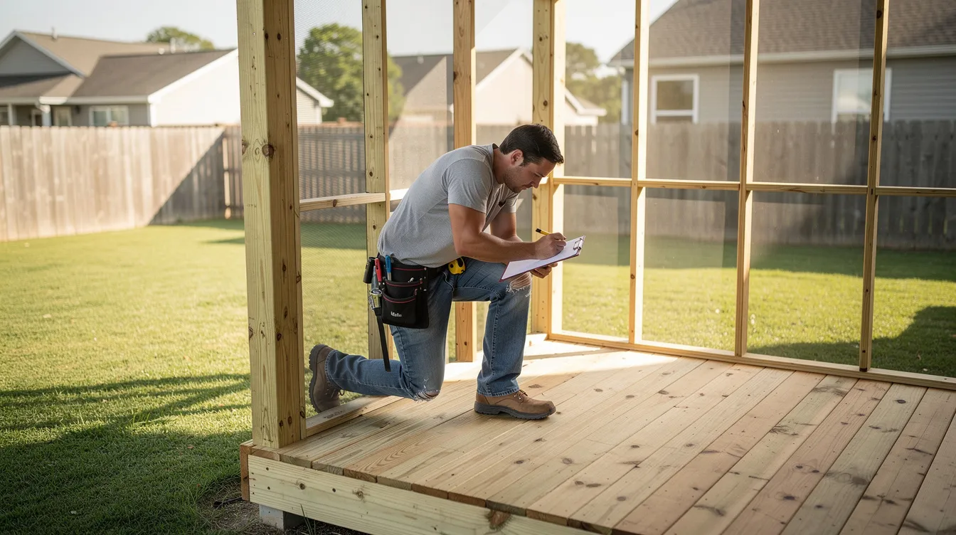 A contractor is inspecting the frame and flooring of a screened porch in a suburban backyard, ensuring the structure is ready for outdoor living. The space is designed to provide fresh air and natural light while protecting against pesky bugs, making it an inviting area for relaxation and family gatherings.