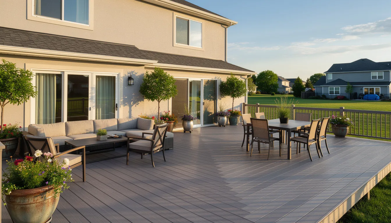 The image showcases a spacious composite deck attached to a suburban home, featuring comfortable outdoor furniture and vibrant potted plants, creating an inviting outdoor living space ideal for family gatherings and relaxation. This custom deck exemplifies quality workmanship and thoughtful design, perfect for enhancing any backyard in New Jersey.