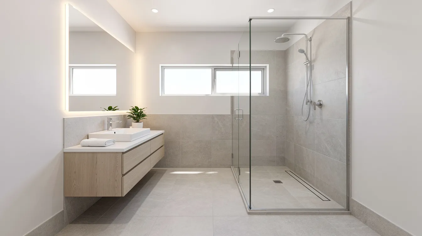 Bright modern bathroom with floating sink vanity, large mirror, and glass-enclosed shower.