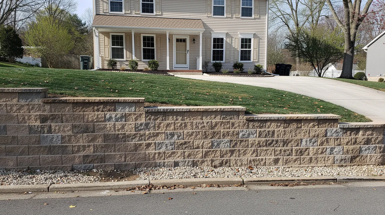 The image depicts a beautifully constructed retaining wall made of stone and brick at a typical residential home in Union County, NJ, showcasing superior craftsmanship and attention to detail. This masonry work enhances the property's structural integrity while adding aesthetic value to the landscape.