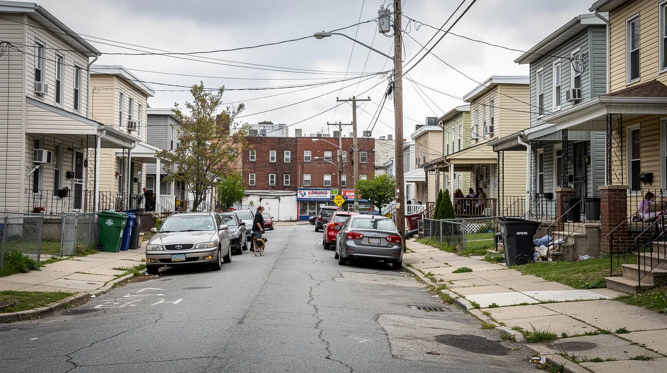 The image depicts a typical neighborhood in Paterson, NJ, featuring residential homes, apartment buildings, and tree-lined streets. This area showcases various roofing styles, highlighting the importance of professional roofing services for homeowners to ensure long-lasting roofing solutions and protect their properties from storm damage.