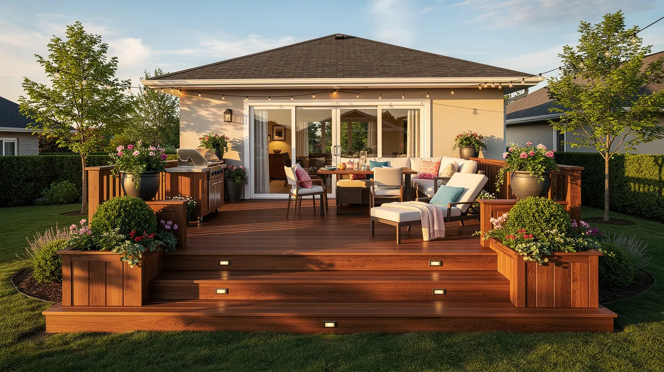 The image showcases a stunning multi-level wooden deck attached to a suburban home, featuring quality craftsmanship and comfortable outdoor furniture that creates an inviting outdoor living space. Lush landscaping surrounds the deck, enhancing the beauty of this dream deck, perfect for family gatherings and entertaining friends.