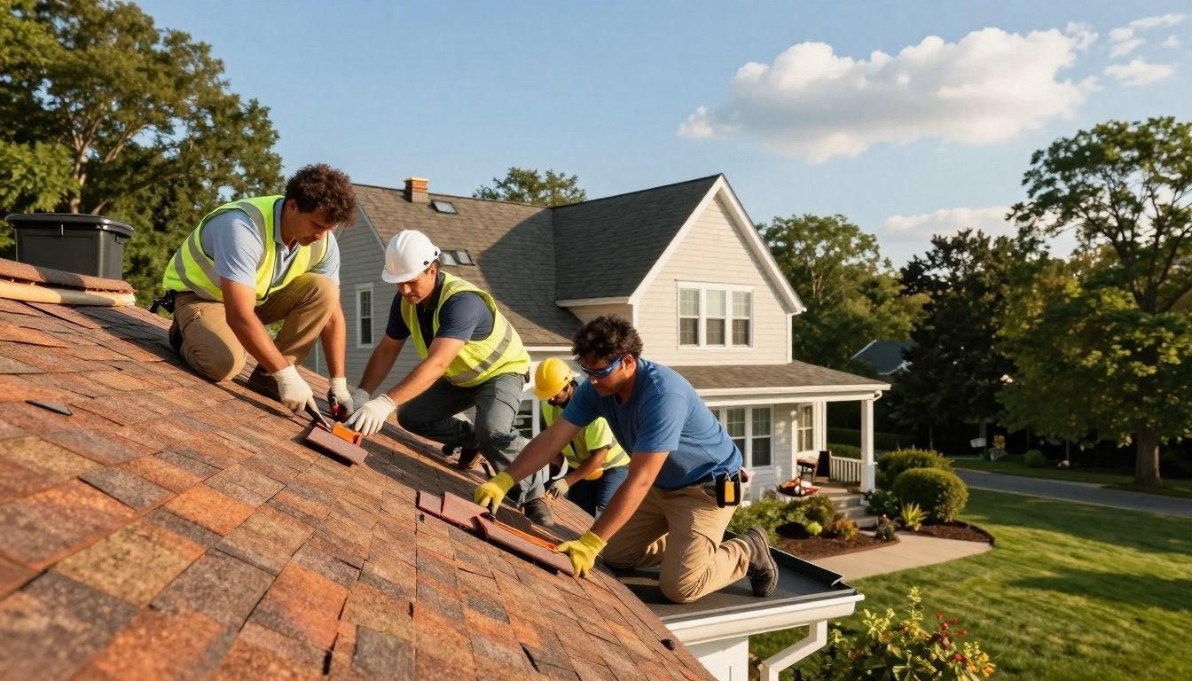 Roofers install shingles on a house roof under a sunny sky.