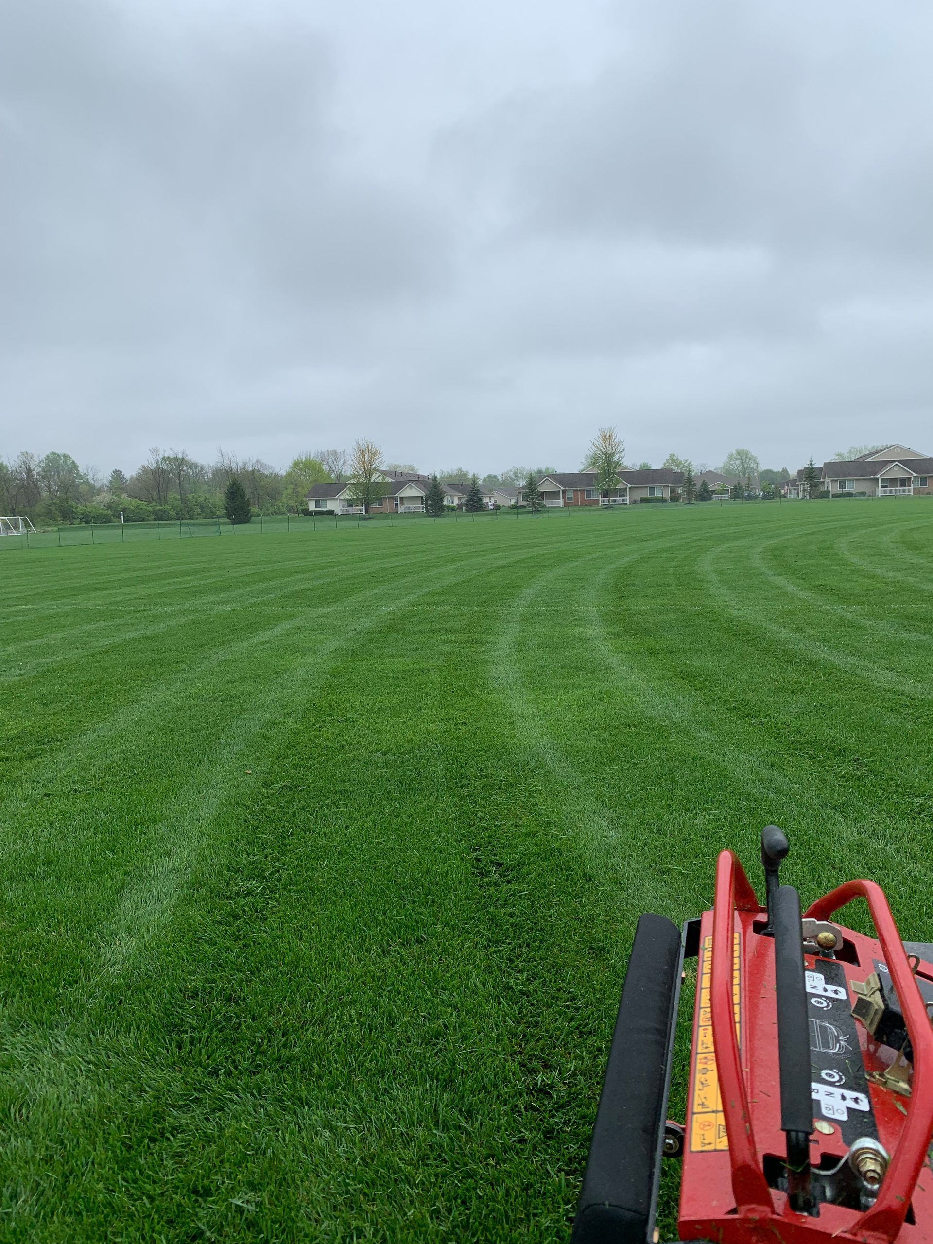 A person mowing a lush green lawn with a red mower on a cloudy day; houses in the background.