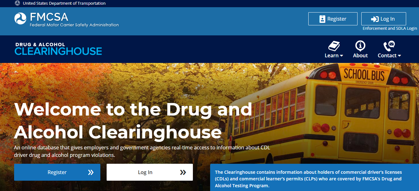 A yellow school bus is on the homepage of the drug and alcohol clearinghouse.