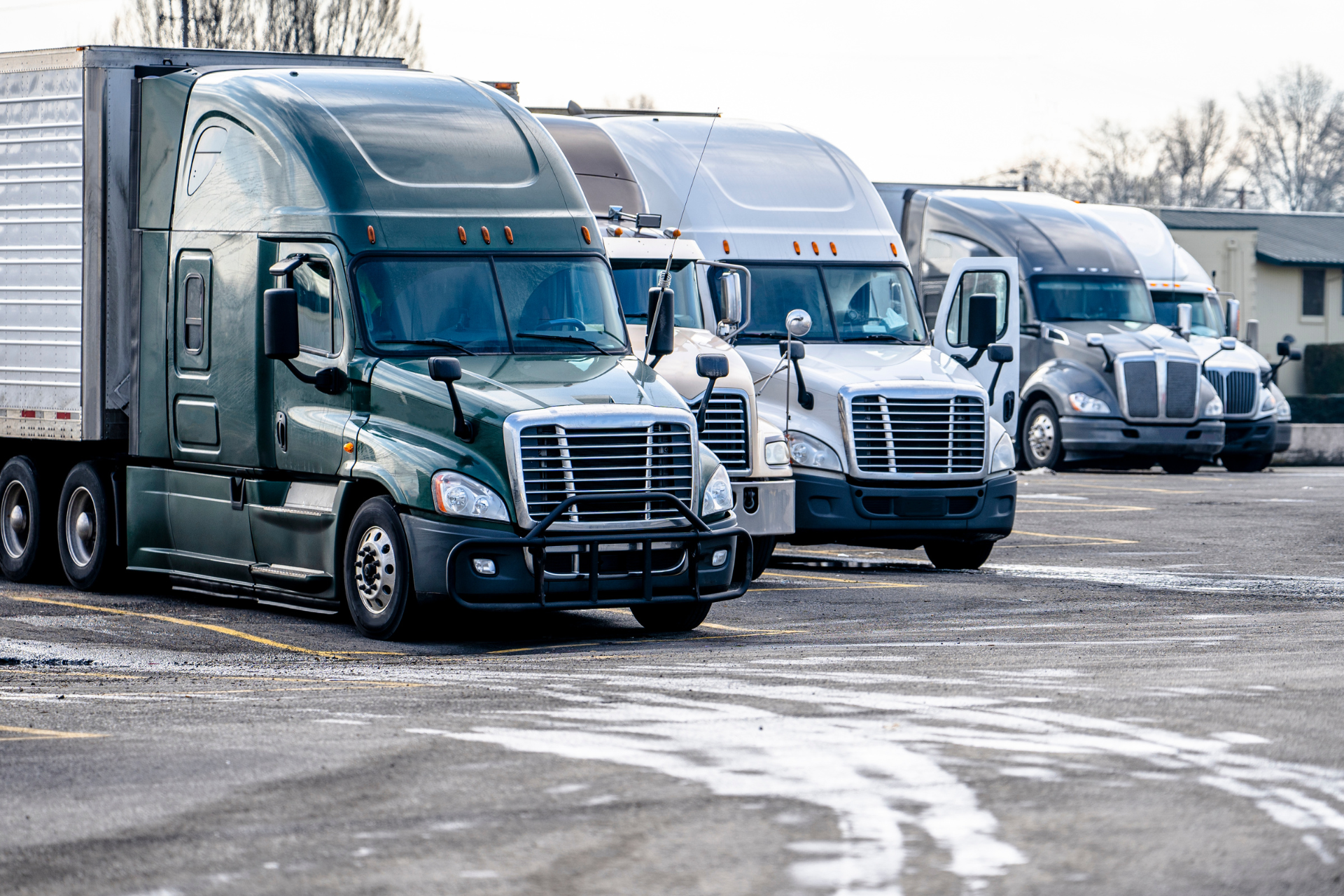A row of semi trucks are parked in a parking lot.