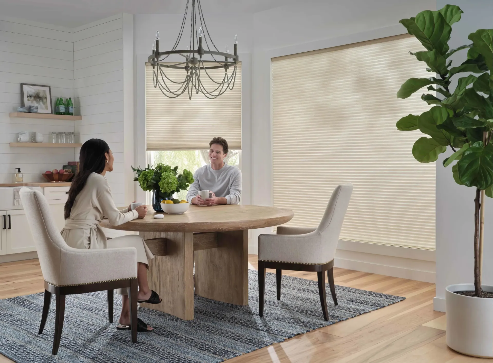 Custom window shades installed in a beautifully lit Minneapolis living room