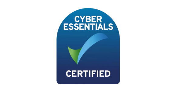 A blue sticker that says cyber essentials certified