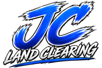 Blue and white JC Land Clearing logo with stylized brushstroke lettering