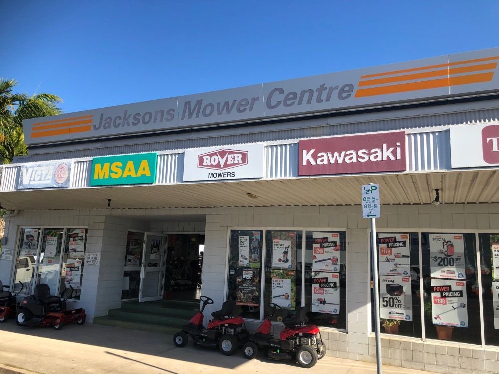 A Kawasaki Lawn Mower is Parked in Front of a Jackson 's Mower Centre — Jacksons Mower Centre in Mackay, QLD