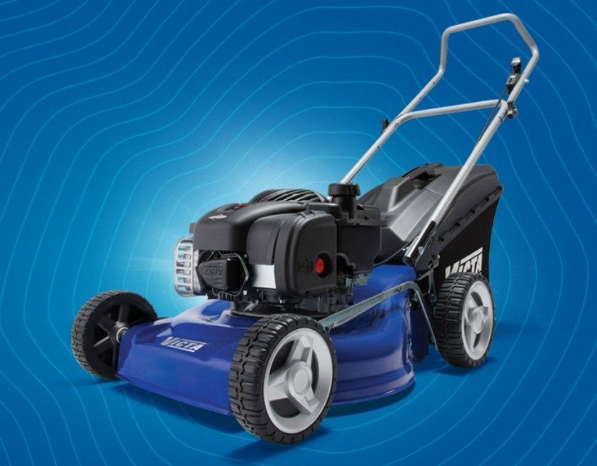 A Blue Lawn Mower is Sitting on a Blue Surface — Jacksons Mower Centre in Mackay, QLD