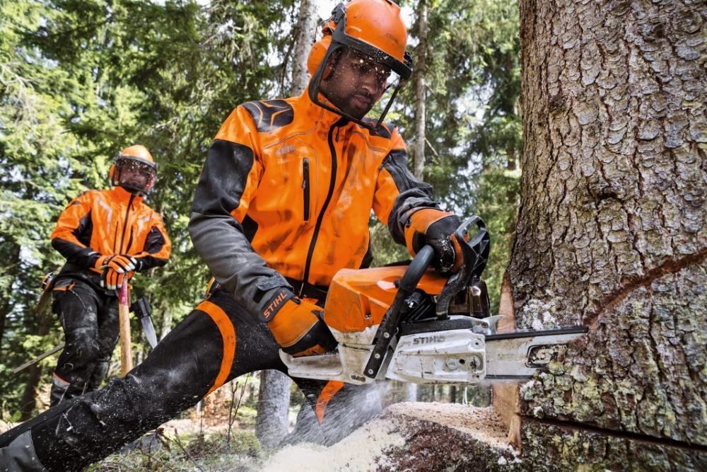 A Man is Cutting a Tree With a Chainsaw — Jacksons Mower Centre in Mackay, QLD