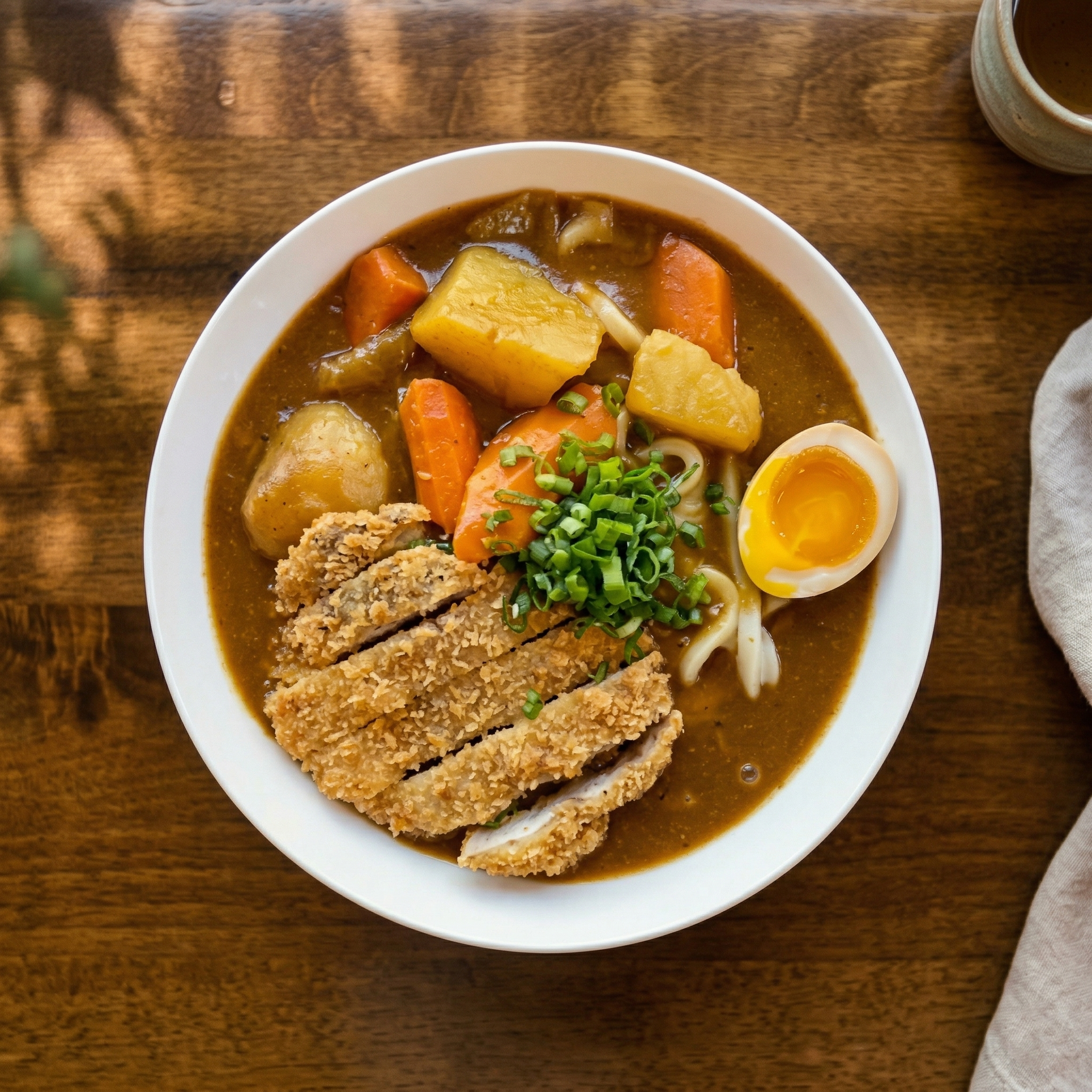 A bowl of Japanese curry udon topped with sliced crispy breaded pork cutlet, a soft-boiled egg, and chopped green onions.