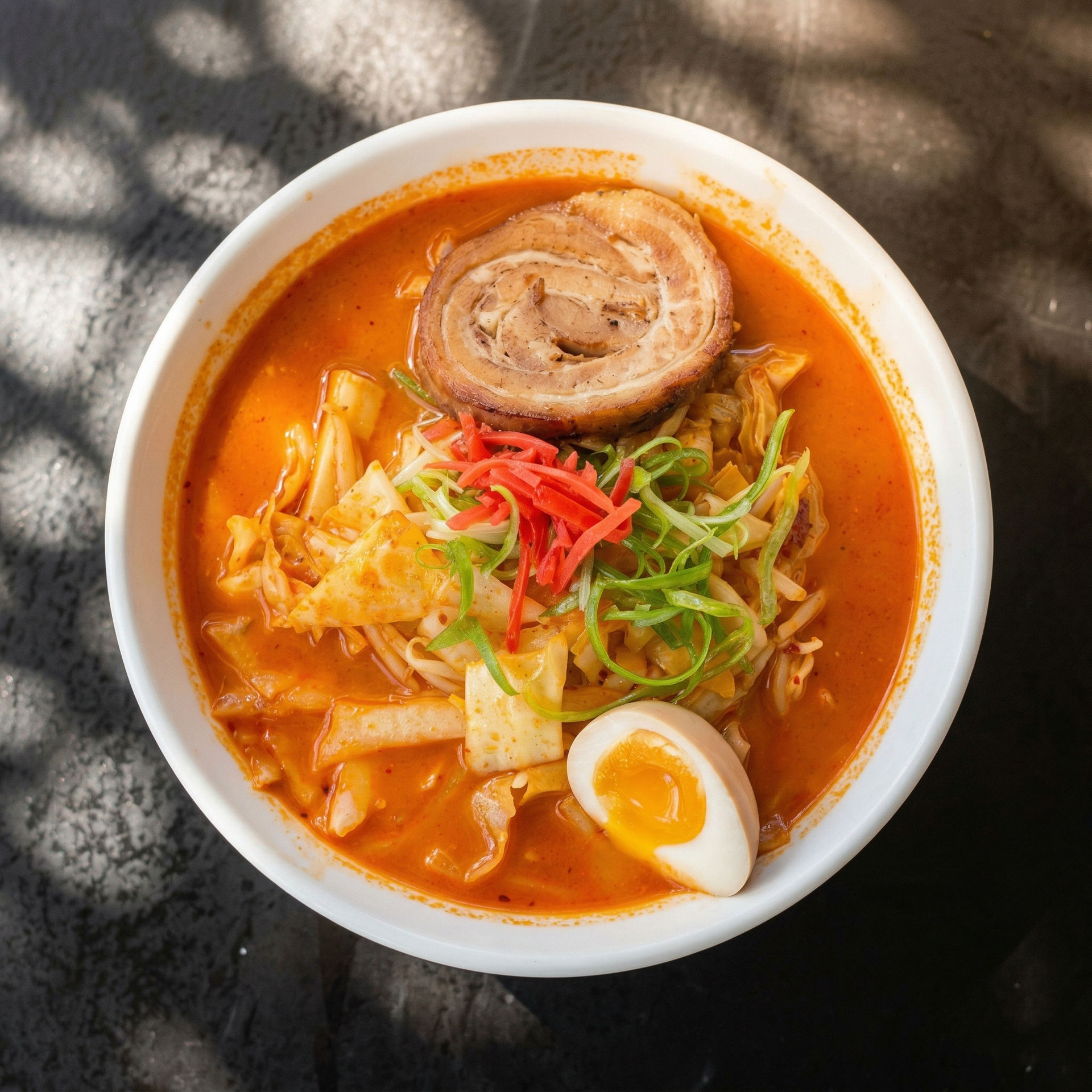 A bowl of spicy orange ramen topped with chashu pork, a soft-boiled egg, pickled ginger, and green onions.