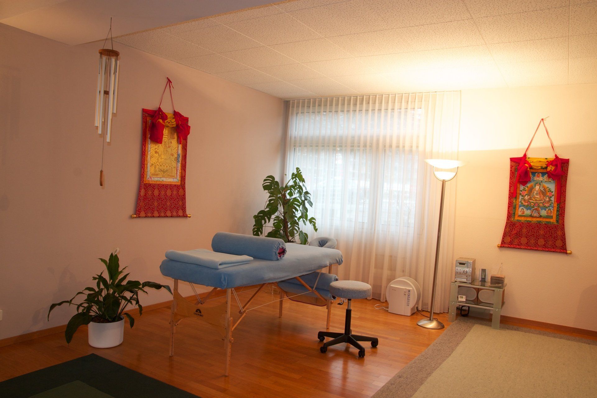 A room with a massage table and a plant
