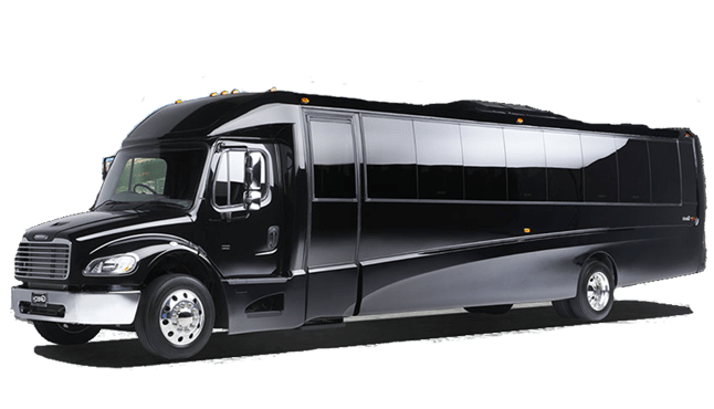A black bus with a lot of windows is parked on a white background.
