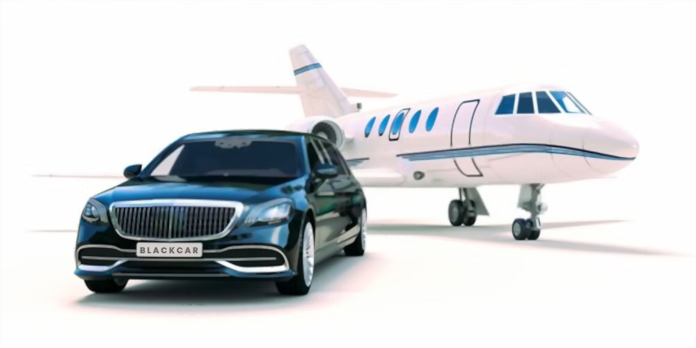 A car is parked next to a private jet on a white background.