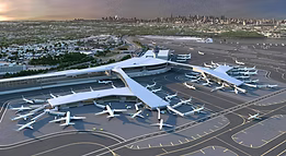 An aerial view of an airport with planes parked on the tarmac.