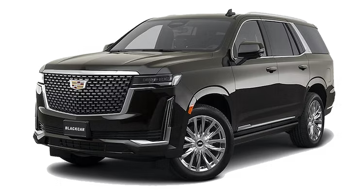 A black cadillac escalade is shown on a white background.