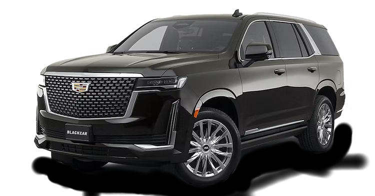 A black cadillac escalade is shown on a white background.