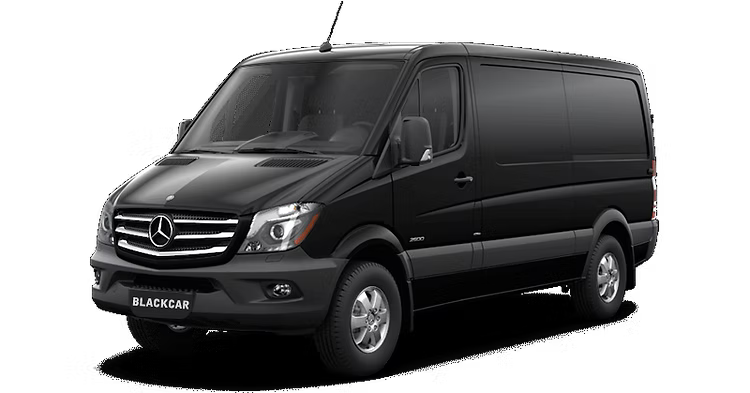 A black mercedes sprinter van is parked on a white background.