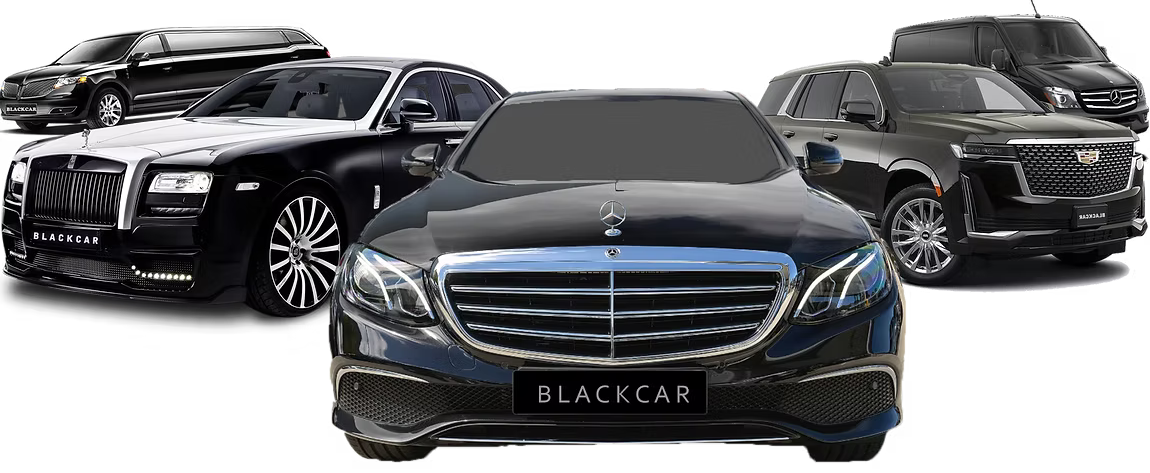 A group of black cars are parked next to each other on a white background.
